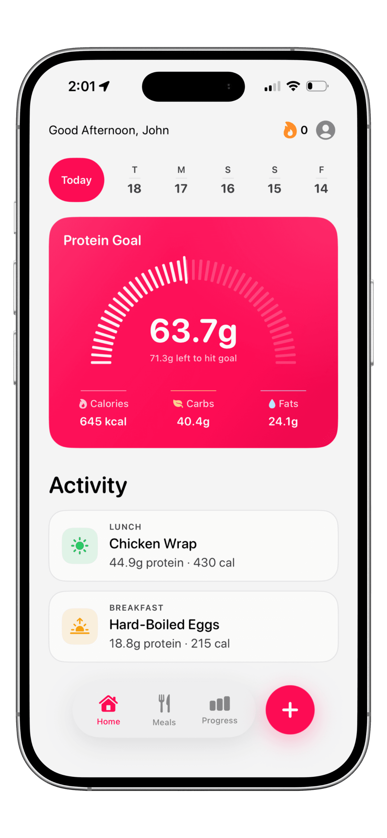 Meals screen of a protein tracking iPhone app
