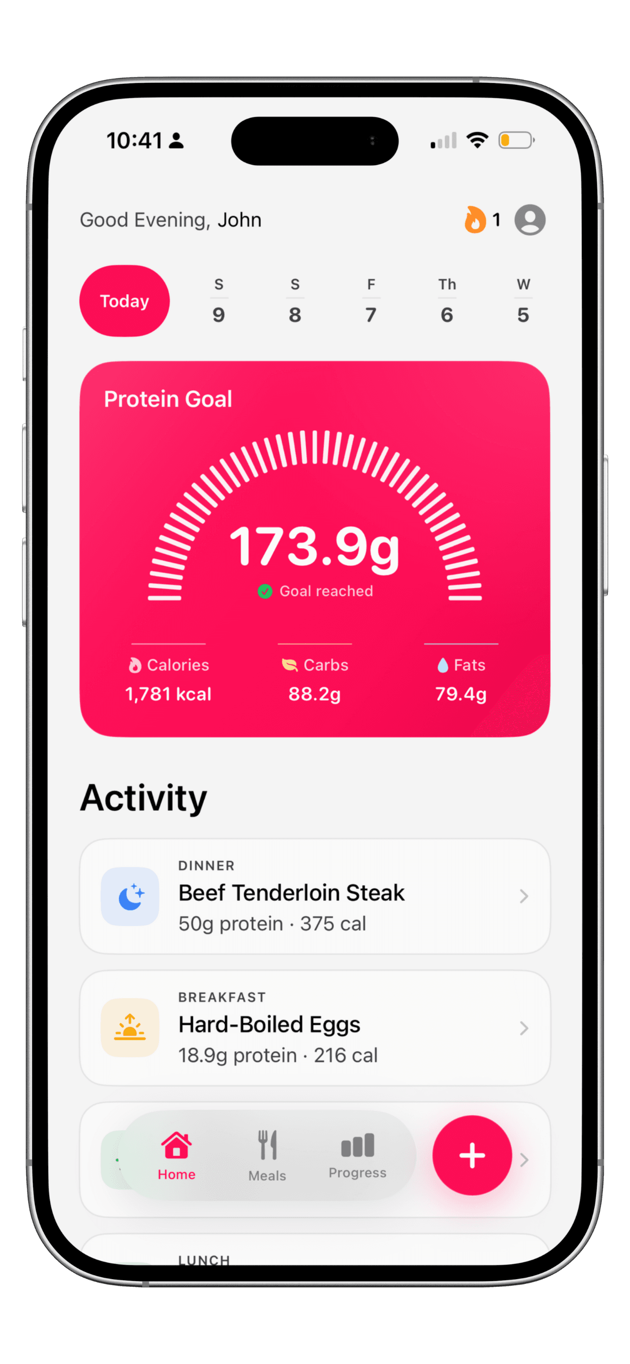Progress screen of a protein tracking iPhone app